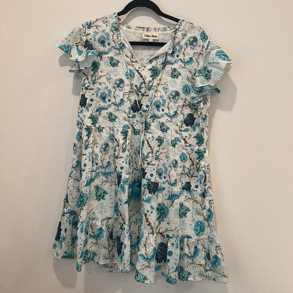 Celina Moon Flutter Sleeve Dress Blue Floral Size XL Resortwear Vacation Pics